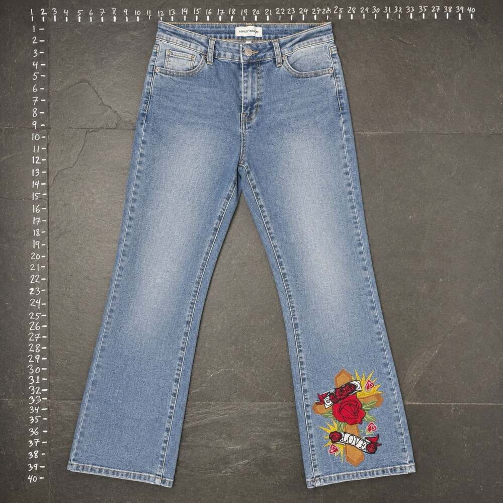 Ashley Mason Size 9 Embroidered Rose Cross Flare Jeans - Picture 2 of 4